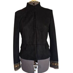 Zara Basic Black Faux Suede Jacket W/ Beaded Embellished Cuffs Hook & Eye Closur